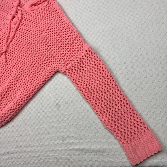 Miracle Open Knit Crochet Lace Up Hoodie Sweater M/L Peach Shabby Chic Boho - Picture 5 of 8